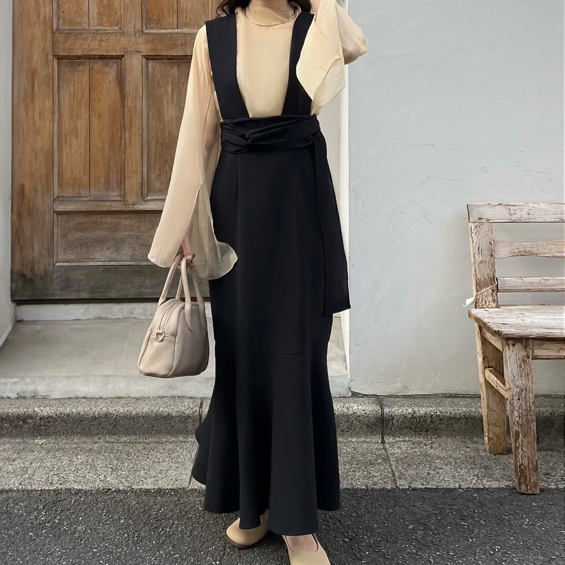 ジュノア JUNOAH ツイストリボンサスペンダーマーメイドスカート