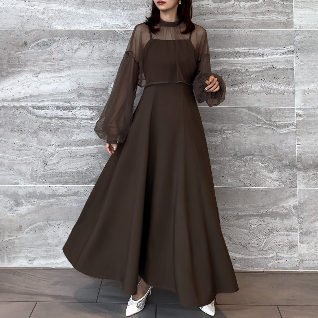 ジュノア JUNOAH チュールボレロ＋フレアキャミワンピース セット （ダークブラウン） ダークブラウン