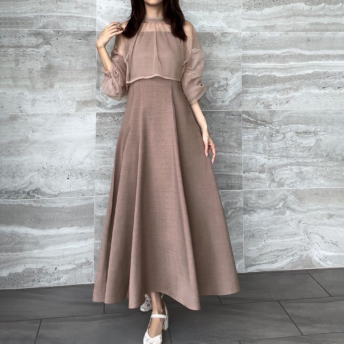 ジュノア JUNOAH チュールボレロ＋フレアキャミワンピース セット （ピンクベージュ） ピンクベージュ