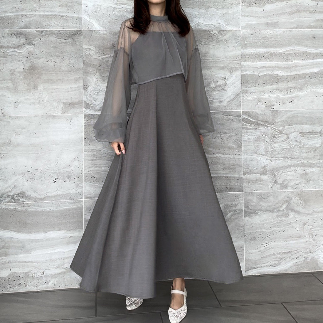 ジュノア JUNOAH チュールボレロ＋フレアキャミワンピース セット （グレー） グレー