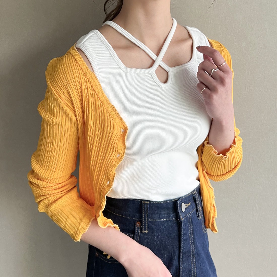 ジュノア JUNOAH クロスネックリブタンクトップ,ホワイト