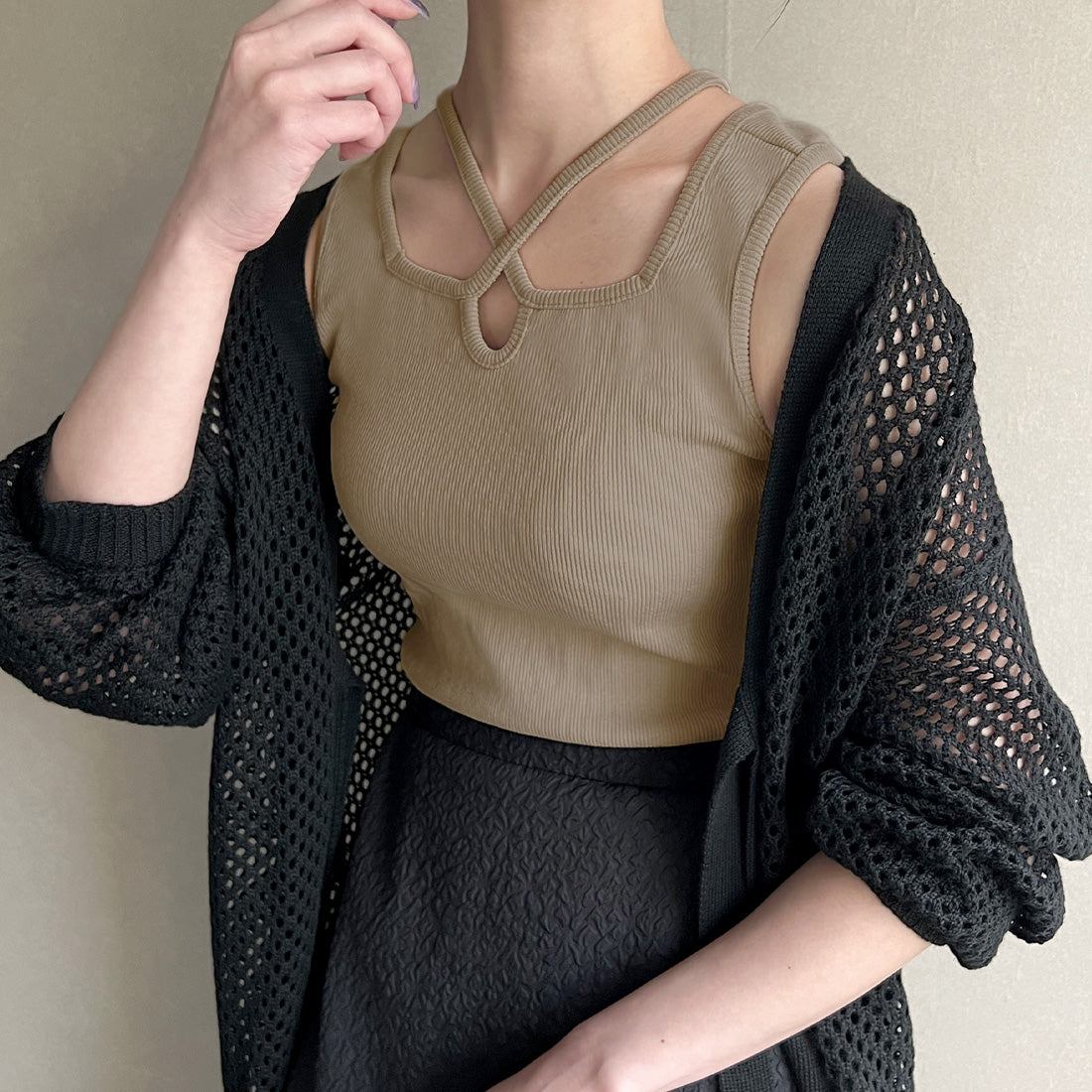 ジュノア JUNOAH クロスネックリブタンクトップ,グレージュ