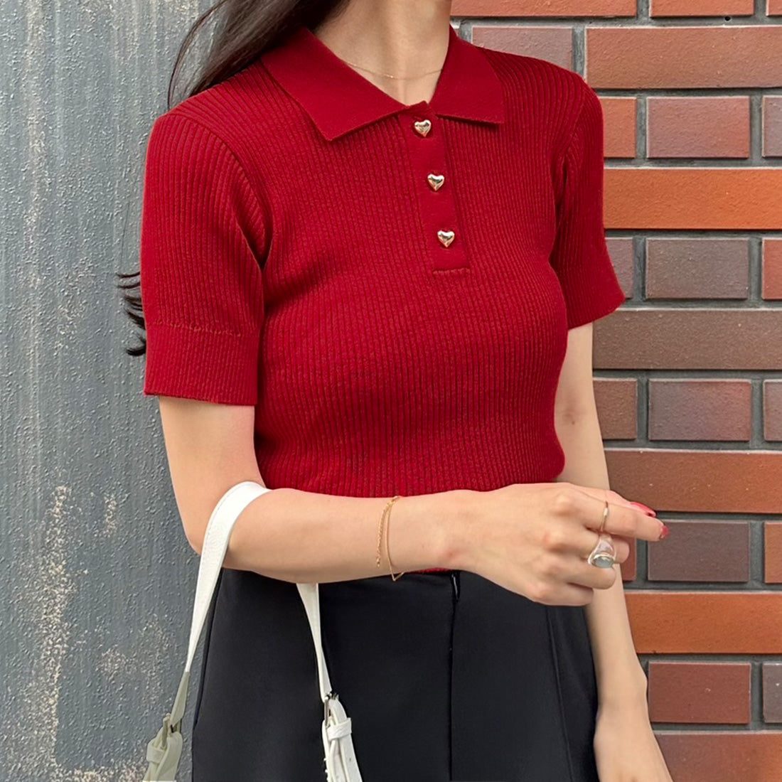 ジュノア JUNOAH 半袖ニットポロシャツ,レッド