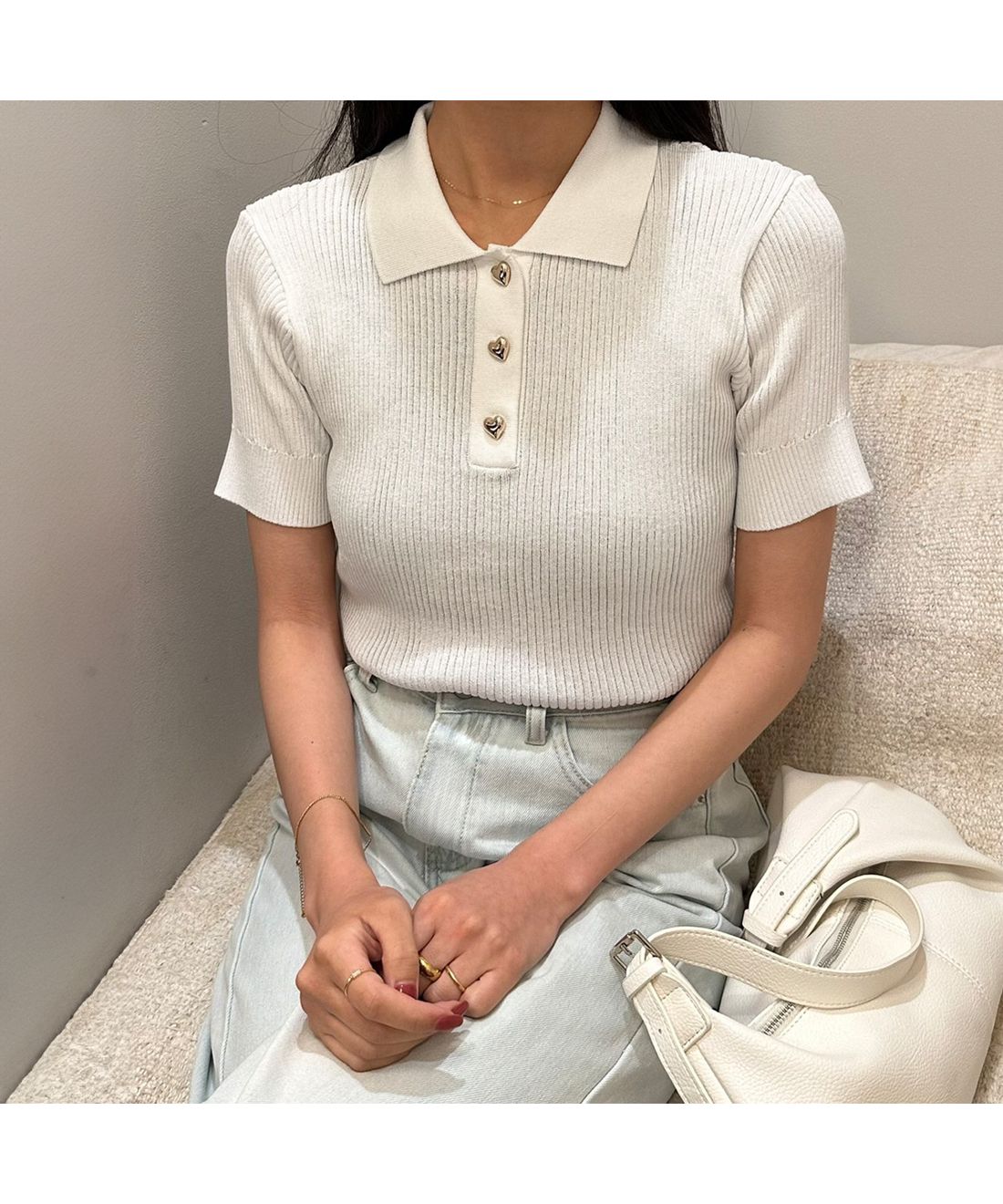 ジュノア JUNOAH 半袖ニットポロシャツ,ホワイト