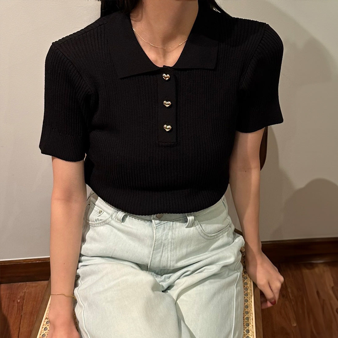 ジュノア JUNOAH 半袖ニットポロシャツ,ブラック