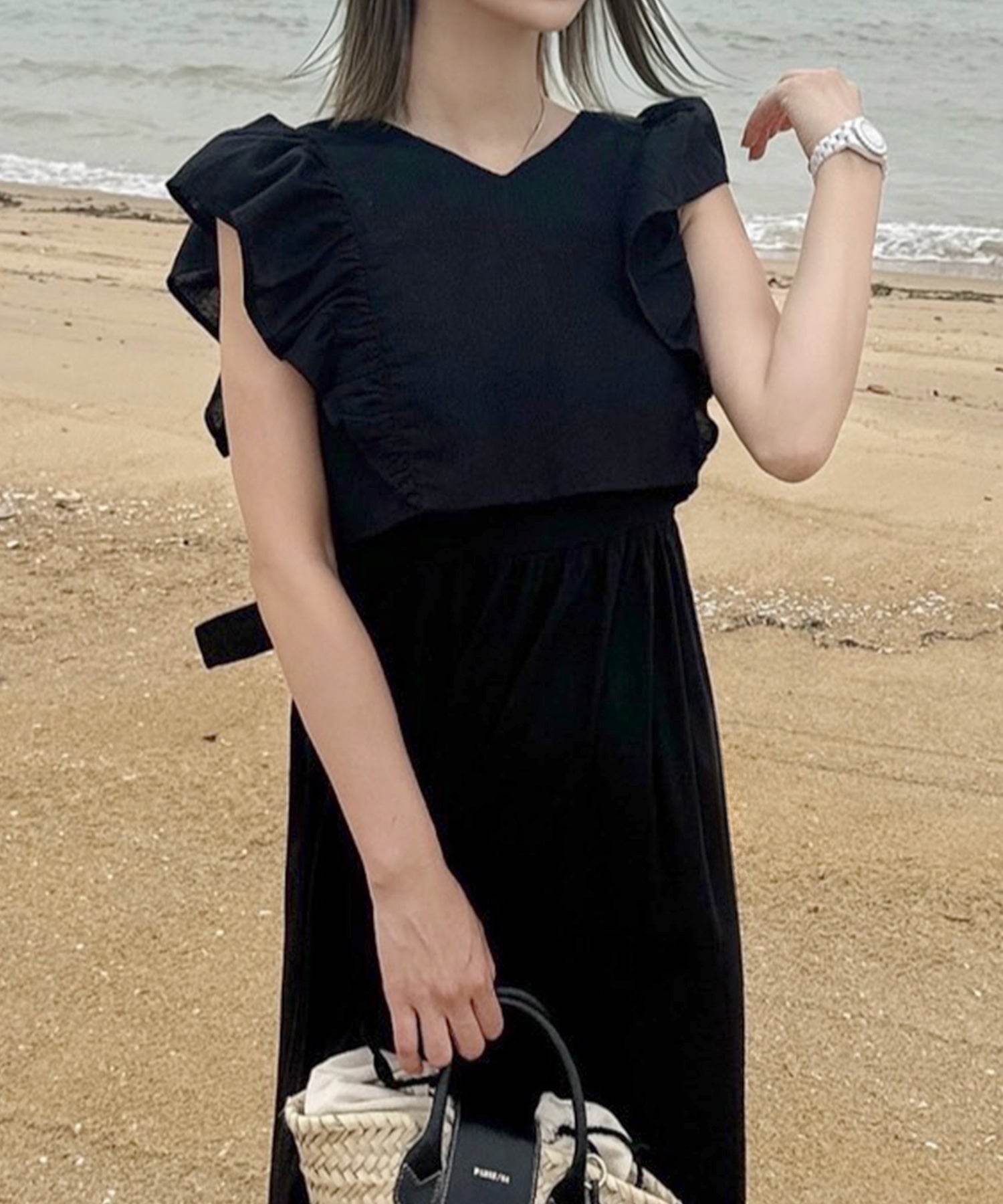 JUNOAH 亞麻混紡荷葉邊背心套裝吊帶連身裙