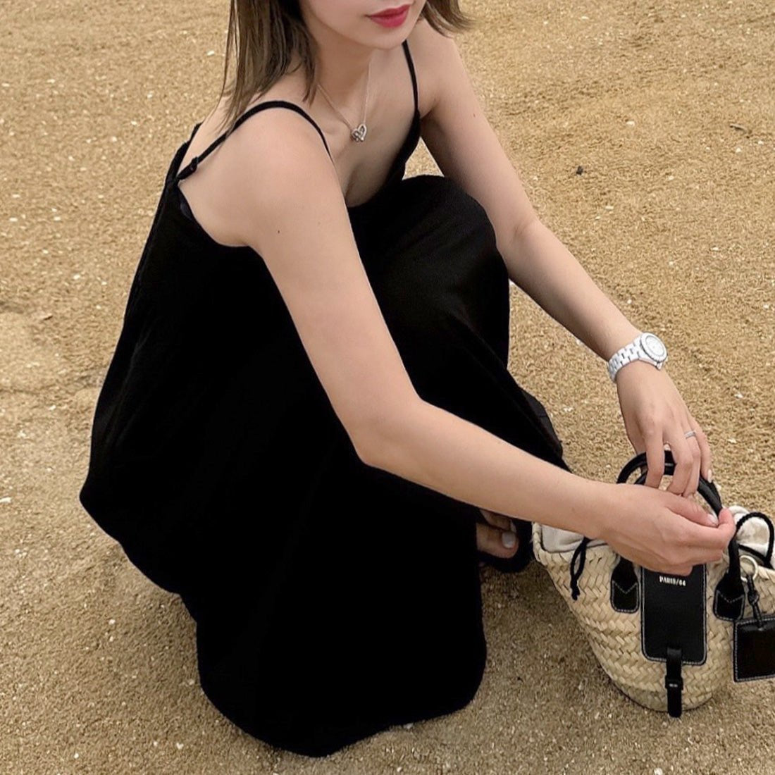 JUNOAH 亞麻混紡荷葉邊背心套裝吊帶連身裙