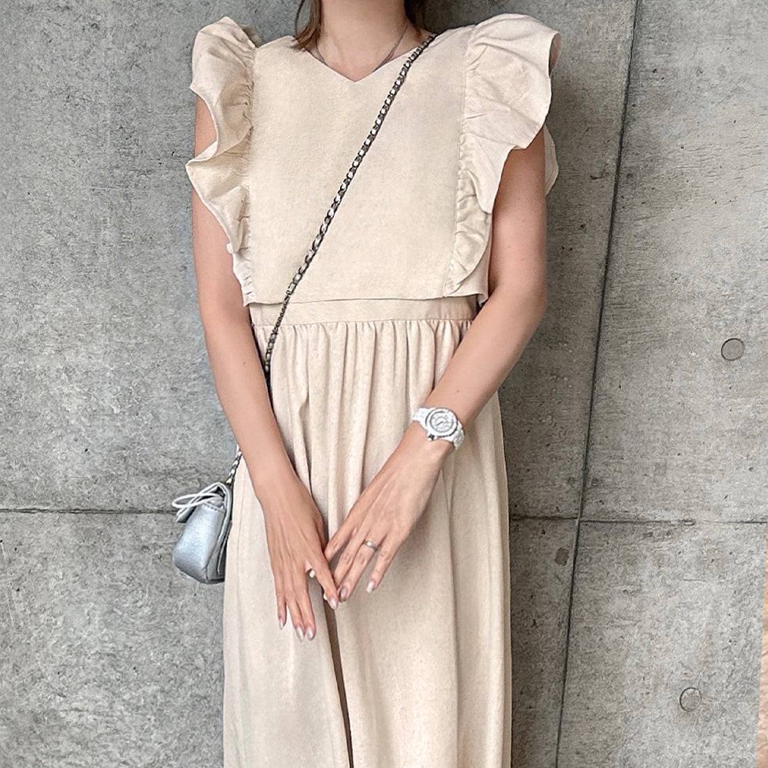 JUNOAH 亞麻混紡荷葉邊背心套裝吊帶連身裙