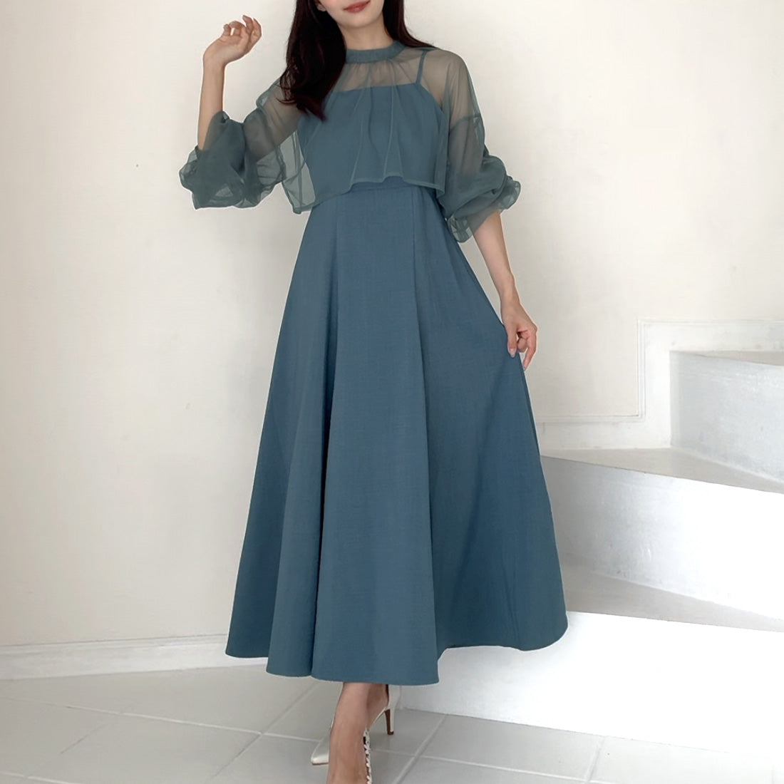 ジュノア JUNOAH チュールボレロ＋フレアキャミワンピース セット （ブルー） ブルー