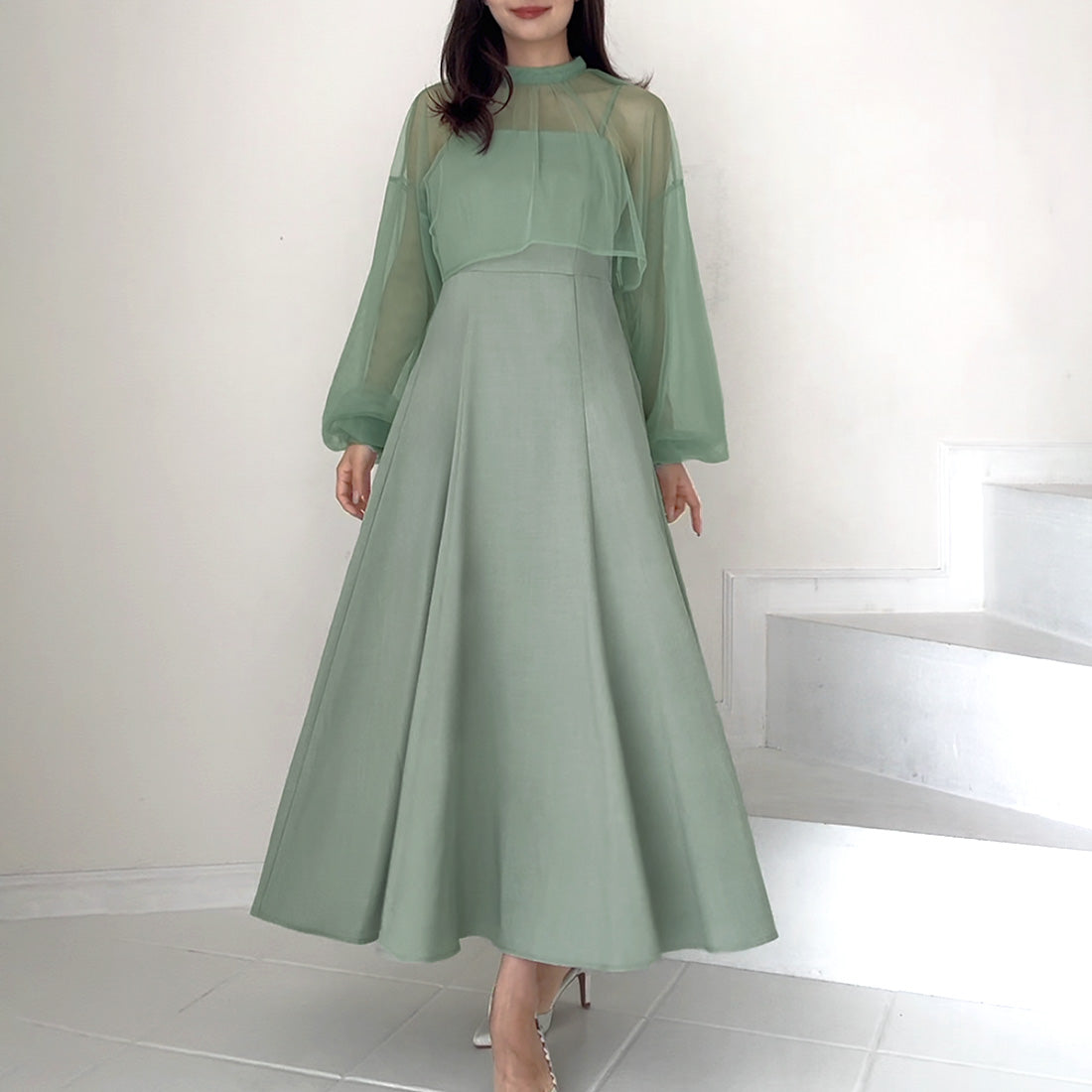 ジュノア JUNOAH チュールボレロ＋フレアキャミワンピース セット （ライトグリーン） ライトグリーン