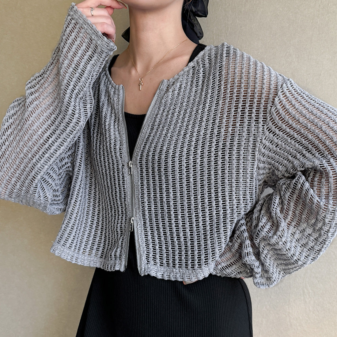 ジュノア JUNOAH Wジップメッシュカットソーカーディガン,グレー