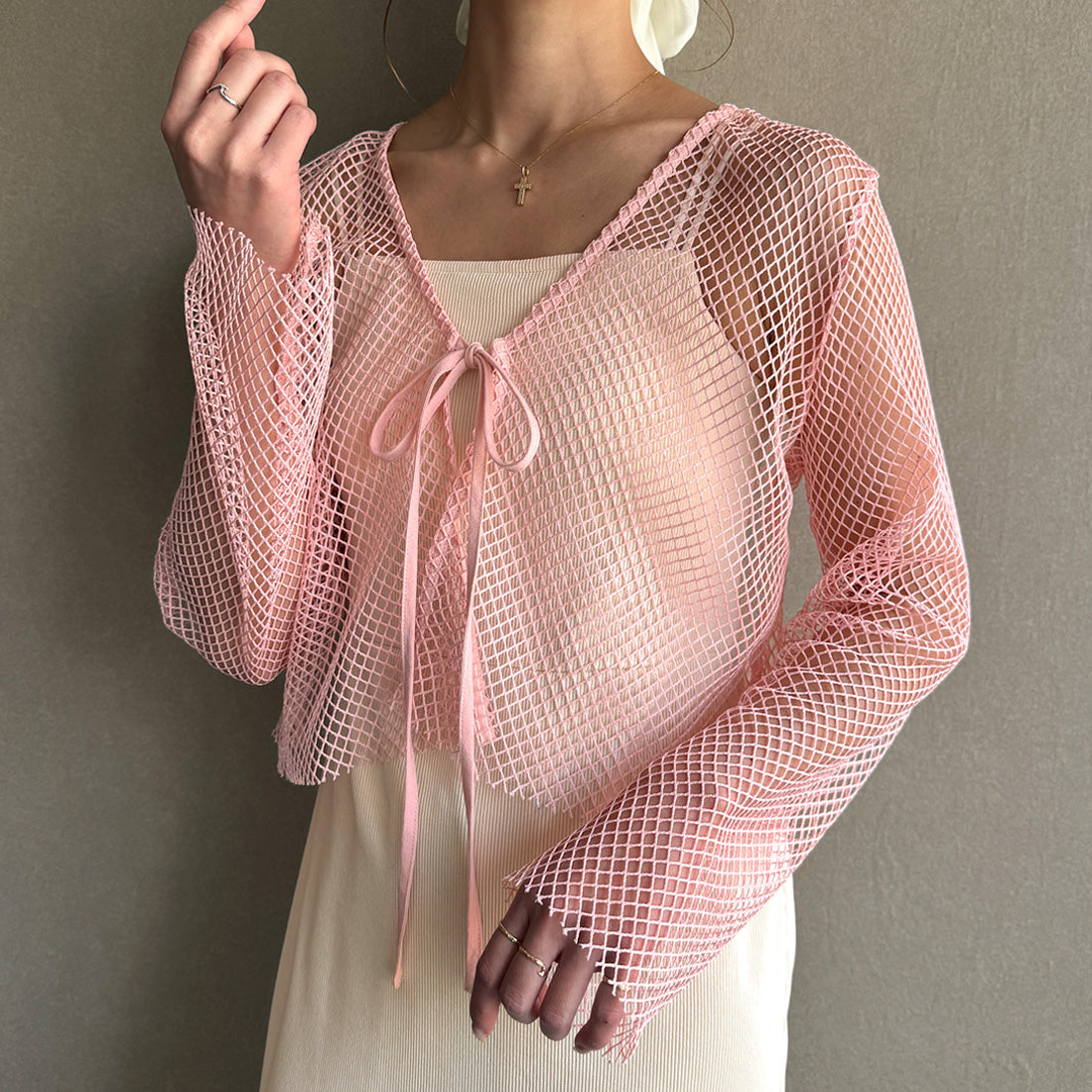 ジュノア JUNOAH メッシュカーディガン+カップ付きリブキャミワンピースSET,ピンクアイボリー