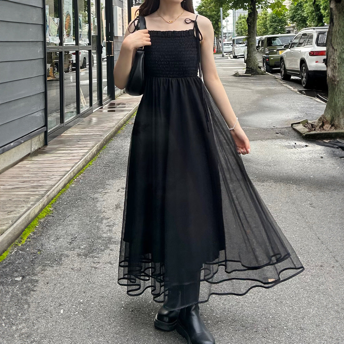 ジュノア JUNOAH ショルダーリボンチュールドッキングキャミワンピース （ブラック） ブラック