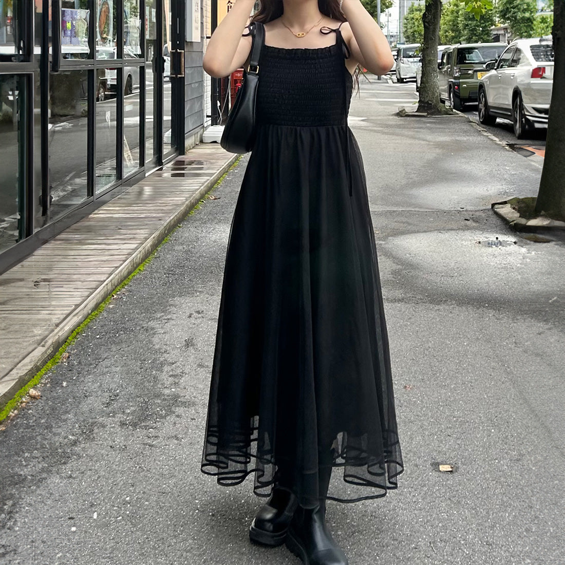 ジュノア JUNOAH ショルダーリボンチュールドッキングキャミワンピース （ブラック） ブラック