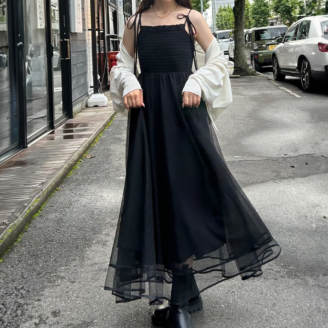 ジュノア JUNOAH ショルダーリボンチュールドッキングキャミワンピース （ブラック） ブラック