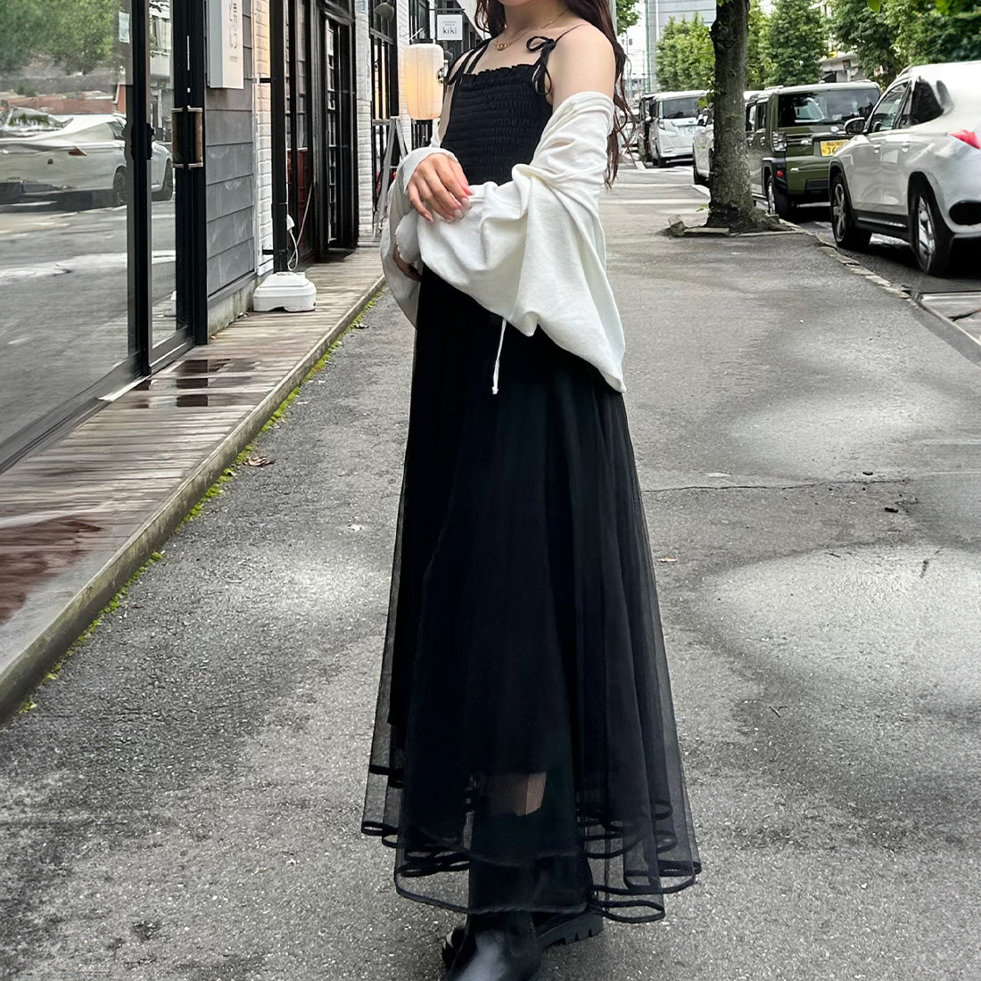 ジュノア JUNOAH ショルダーリボンチュールドッキングキャミワンピース （ブラック） ブラック