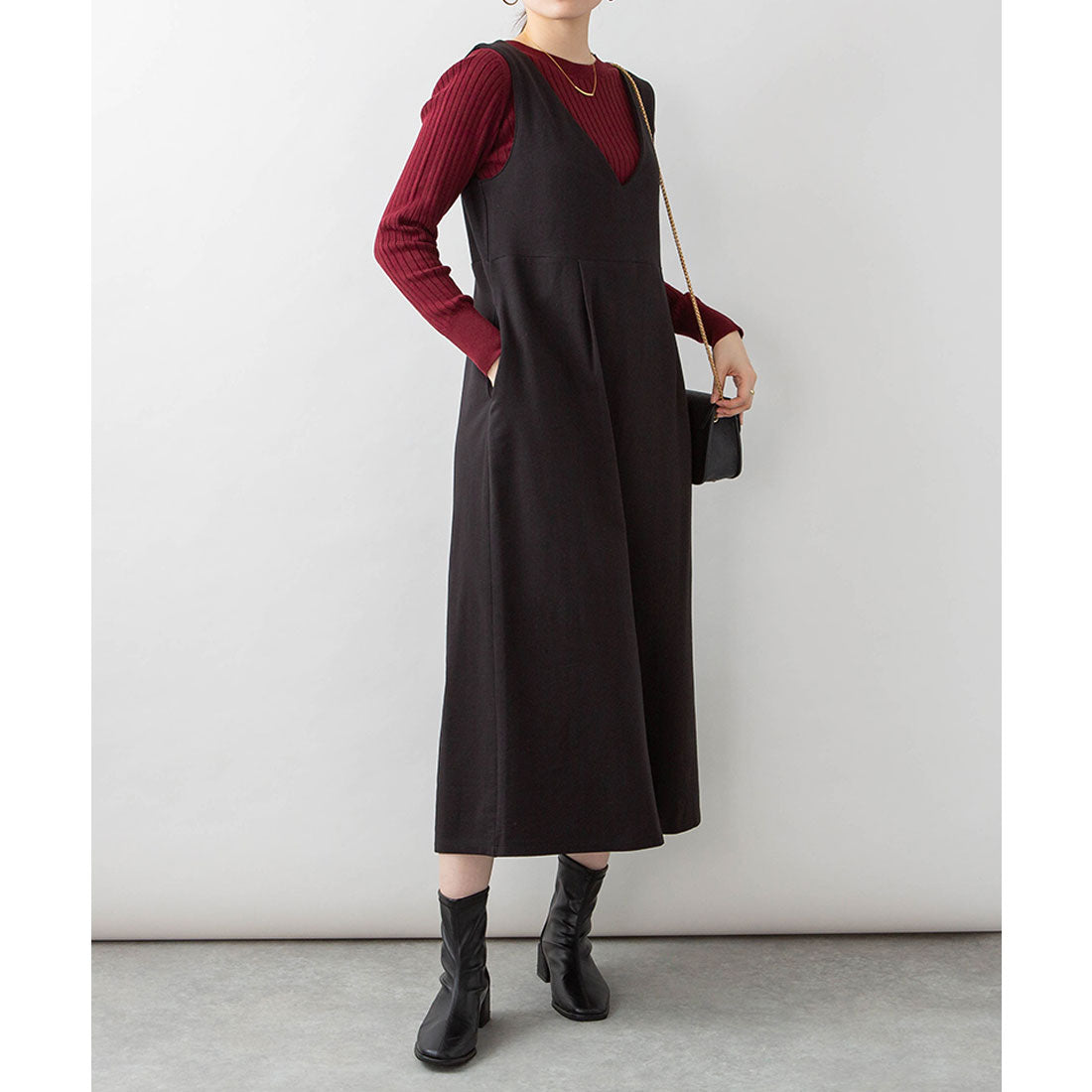 Jungle Jalopy Deep V-Neck Flare Jumper Skirt Plus Size Women's M L LL 3L 4L 5L black gray Charcoal Gray Camel Caramel