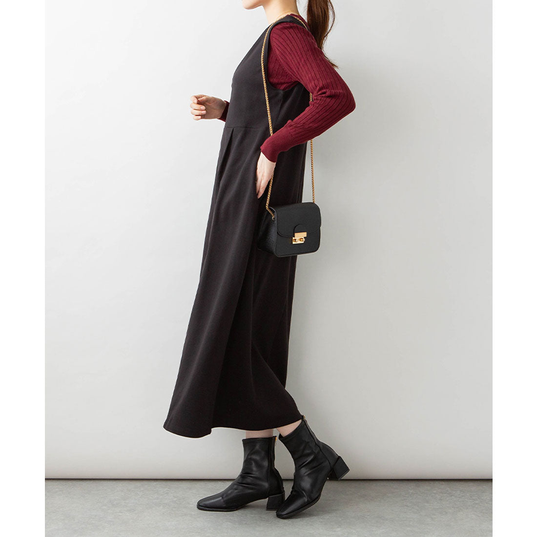 Jungle Jalopy Deep V-Neck Flare Jumper Skirt Plus Size Women's M L LL 3L 4L 5L black gray Charcoal Gray Camel Caramel