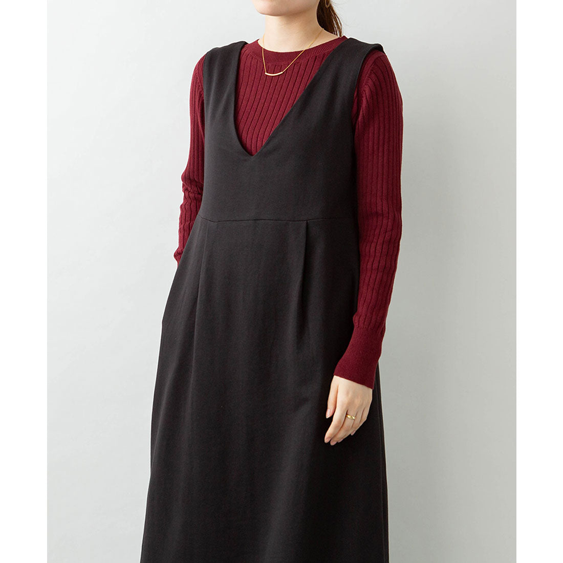 Jungle Jalopy Deep V-Neck Flare Jumper Skirt Plus Size Women's M L LL 3L 4L 5L black gray Charcoal Gray Camel Caramel