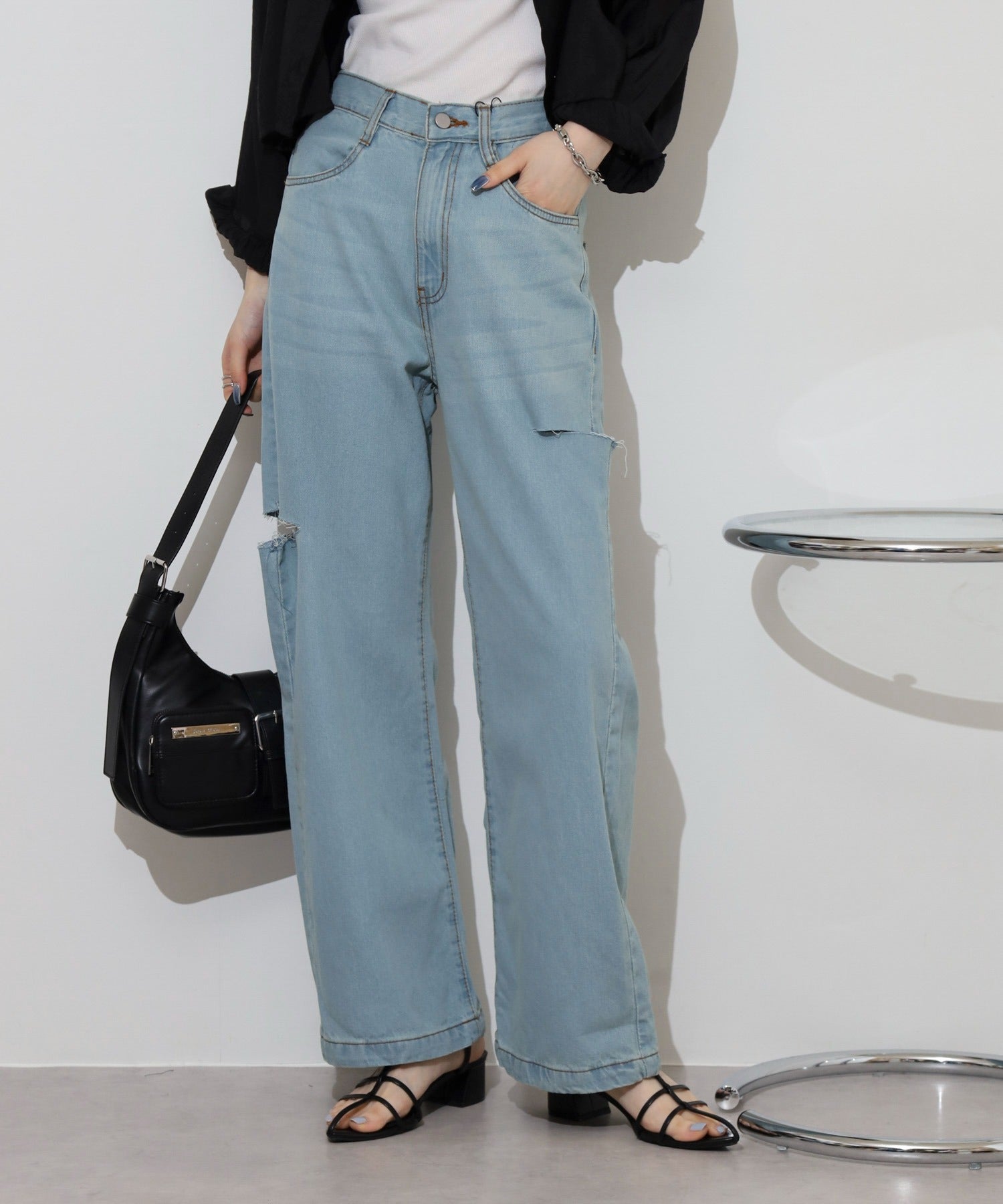 ジャングルジャロピー JUNGLE JALOPY ダメージ加工 デニムパンツ レディース ストレートパンツ ジーンズ ジーパン ボトムス カジュアル （LIGHTBLUE） LIGHTBLUE