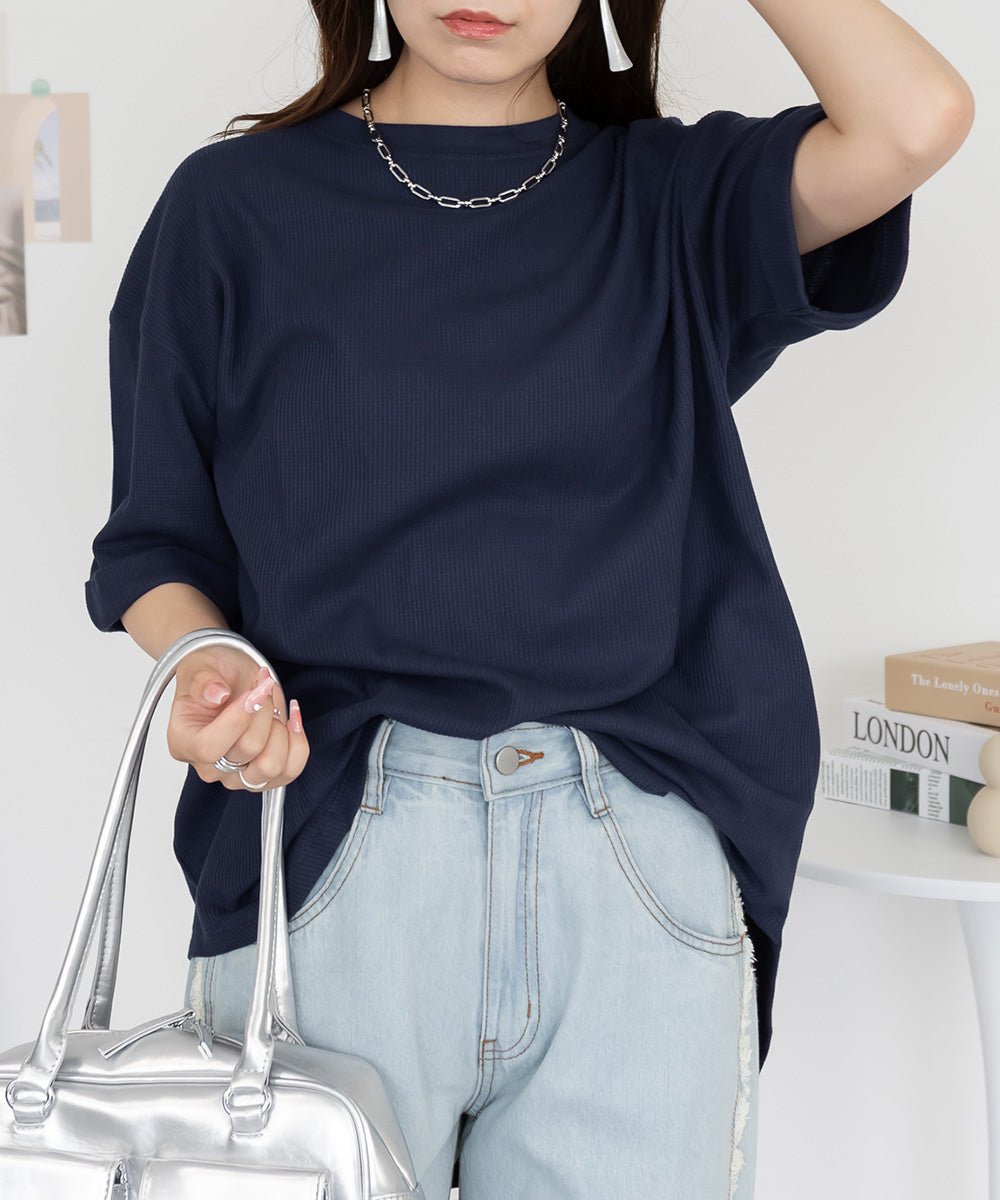 ジャングルジャロピー JUNGLE JALOPY コットンワッフルロールアップハーフスリーブカットソー レディース 大きいサイズ （NAVY） NAVY