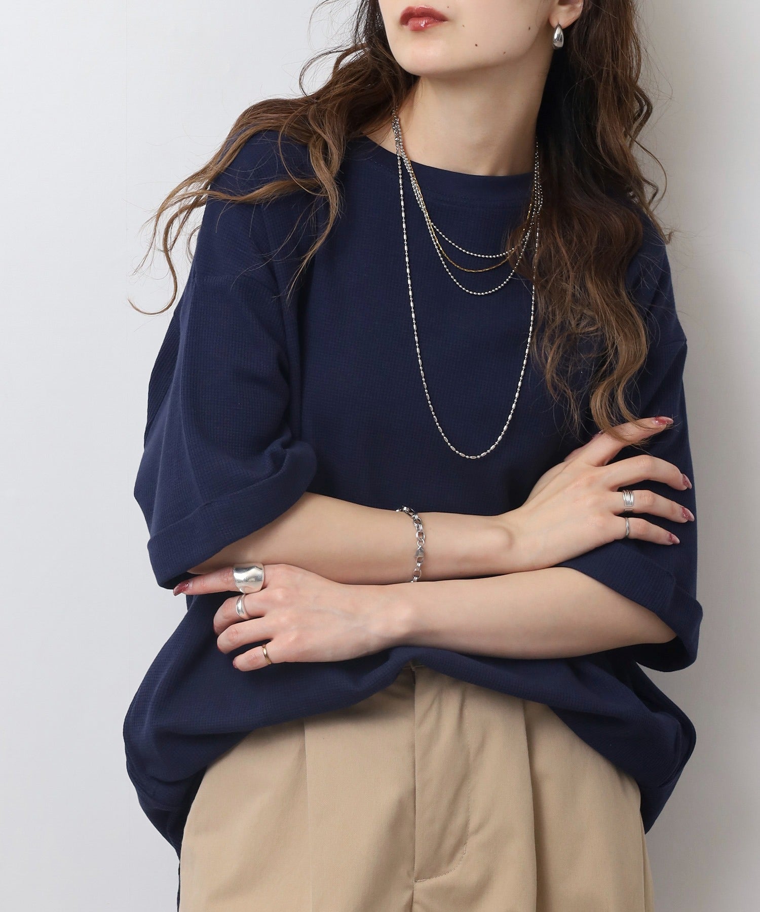 ジャングルジャロピー JUNGLE JALOPY コットンワッフルロールアップハーフスリーブカットソー レディース 大きいサイズ （NAVY） NAVY