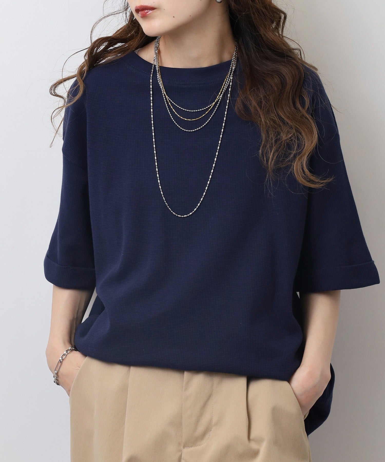 ジャングルジャロピー JUNGLE JALOPY コットンワッフルロールアップハーフスリーブカットソー レディース 大きいサイズ （NAVY） NAVY