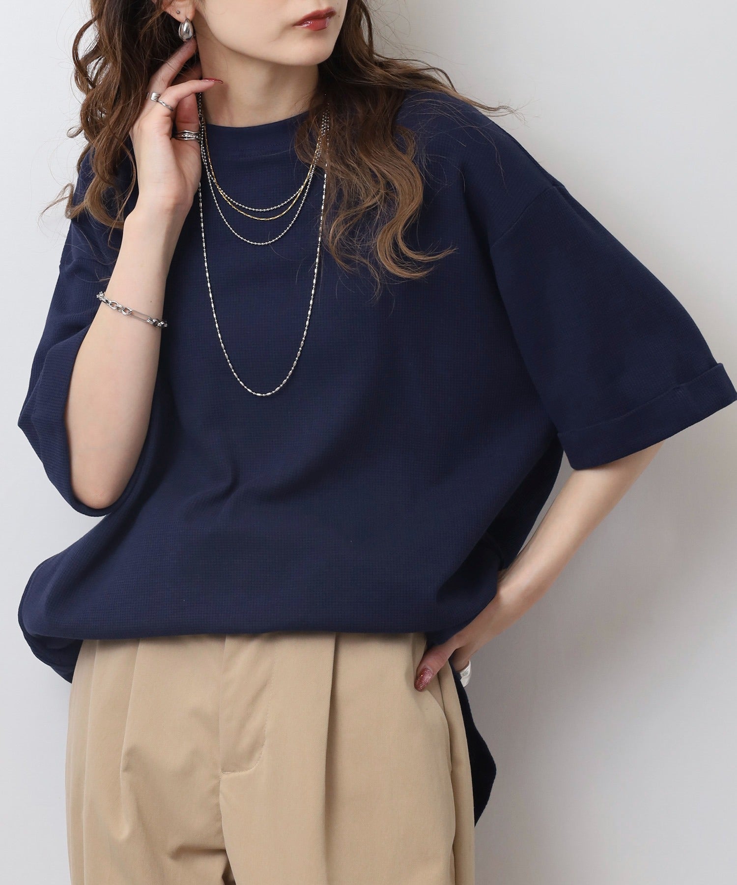 ジャングルジャロピー JUNGLE JALOPY コットンワッフルロールアップハーフスリーブカットソー レディース 大きいサイズ （NAVY） NAVY