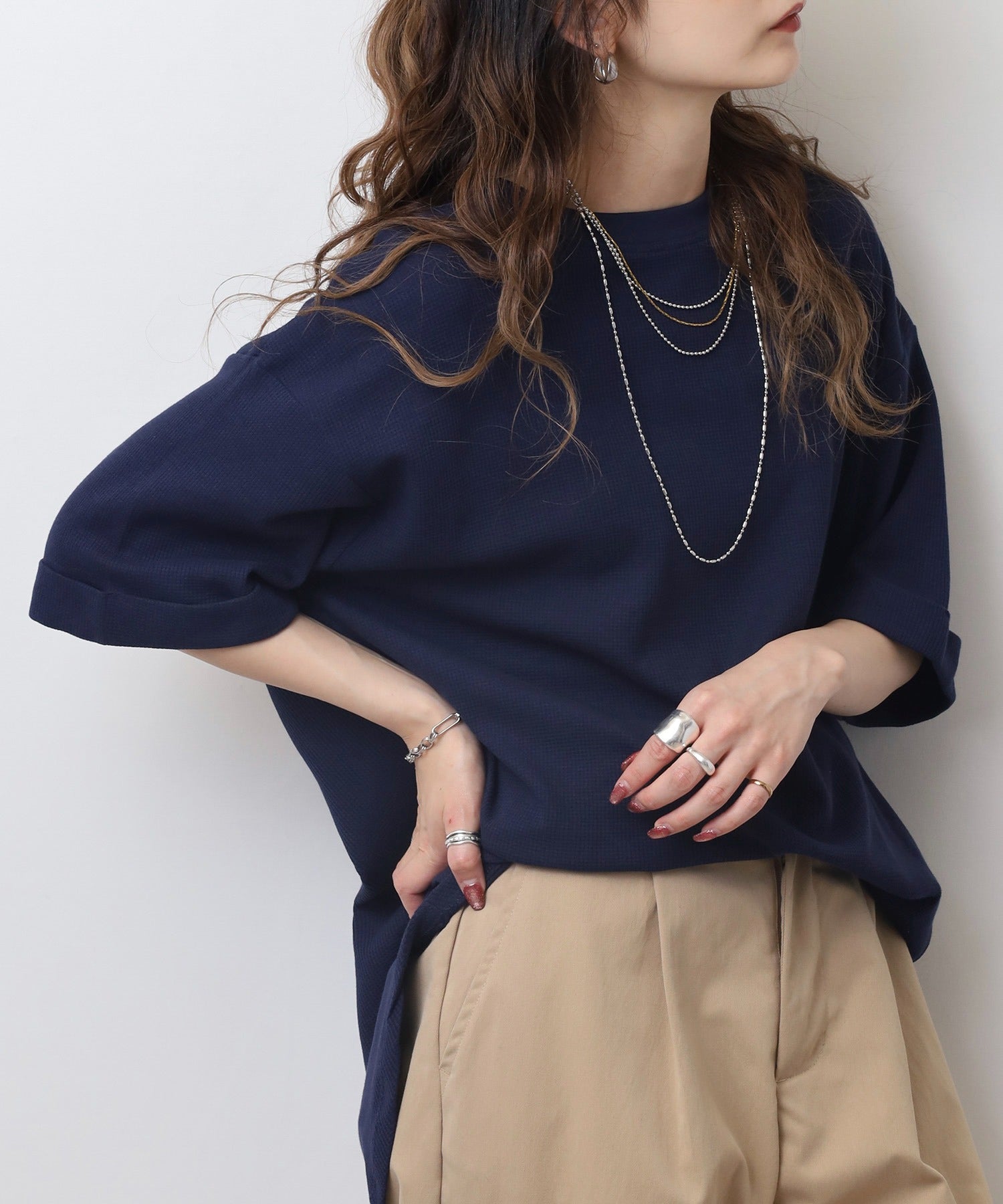 ジャングルジャロピー JUNGLE JALOPY コットンワッフルロールアップハーフスリーブカットソー レディース 大きいサイズ （NAVY） NAVY