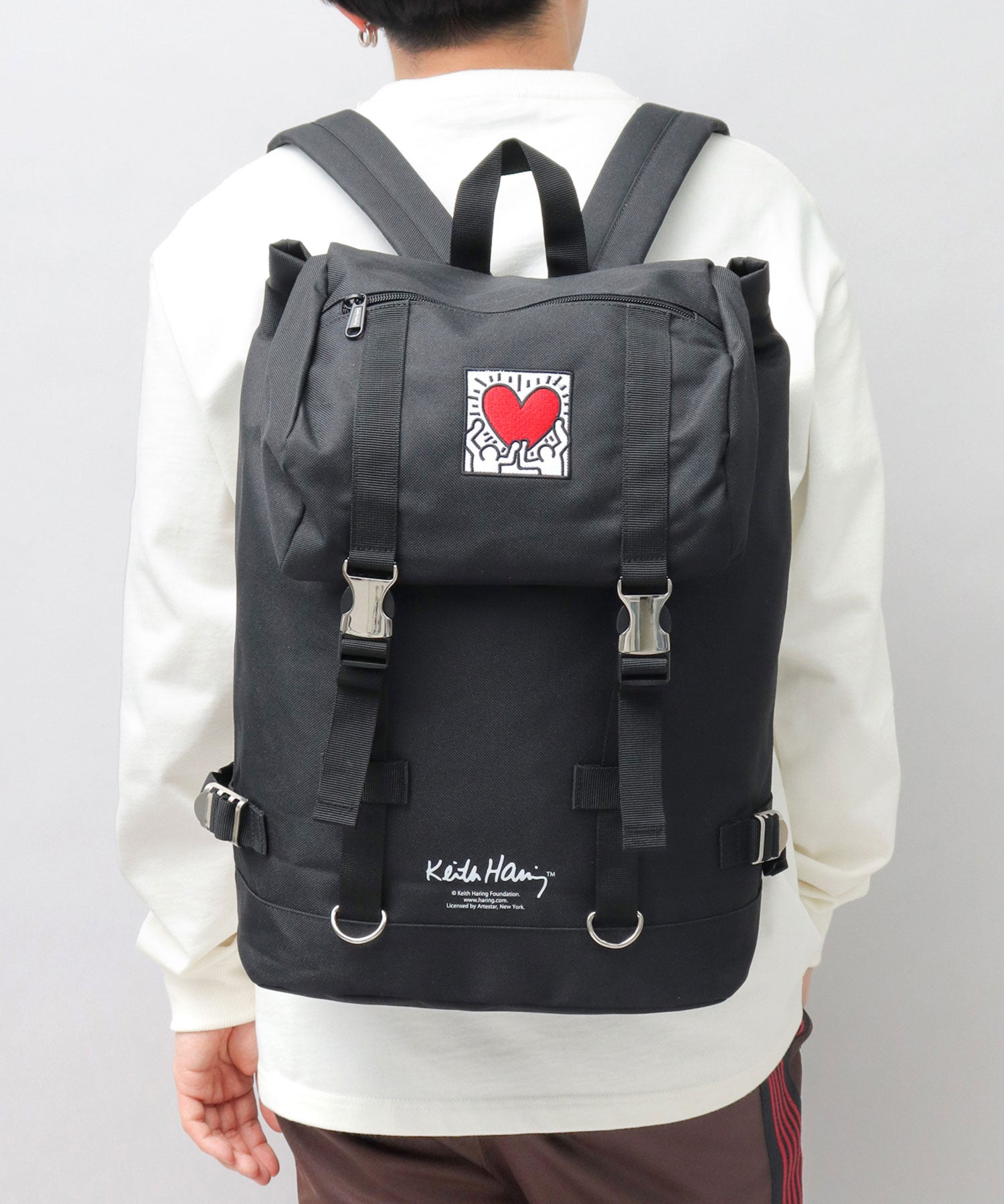 Keith Haring Heart Embroidery Metal Buckle Flap Top Backpack / Rucksack