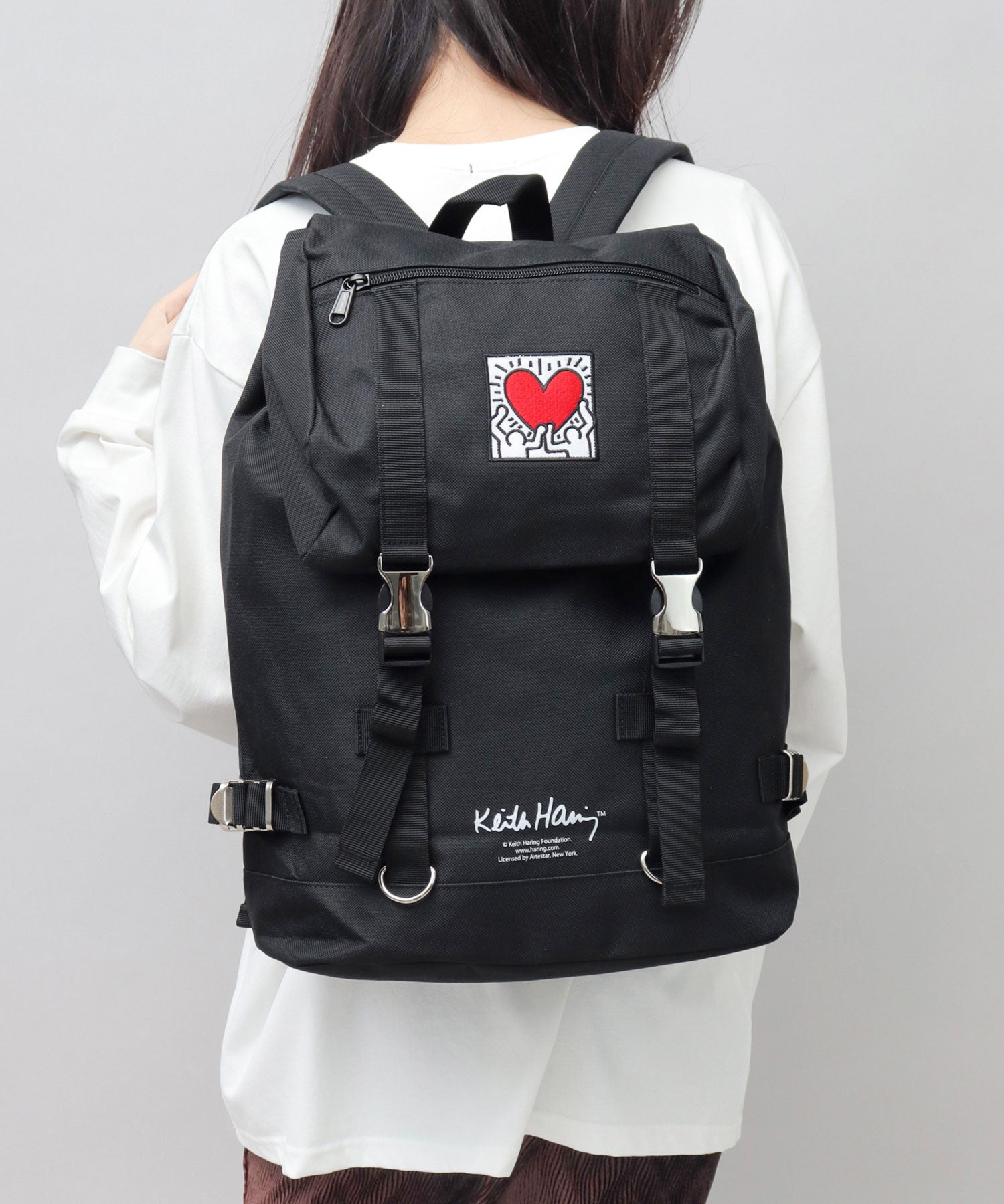 Keith Haring Heart Embroidery Metal Buckle Flap Top Backpack / Rucksack