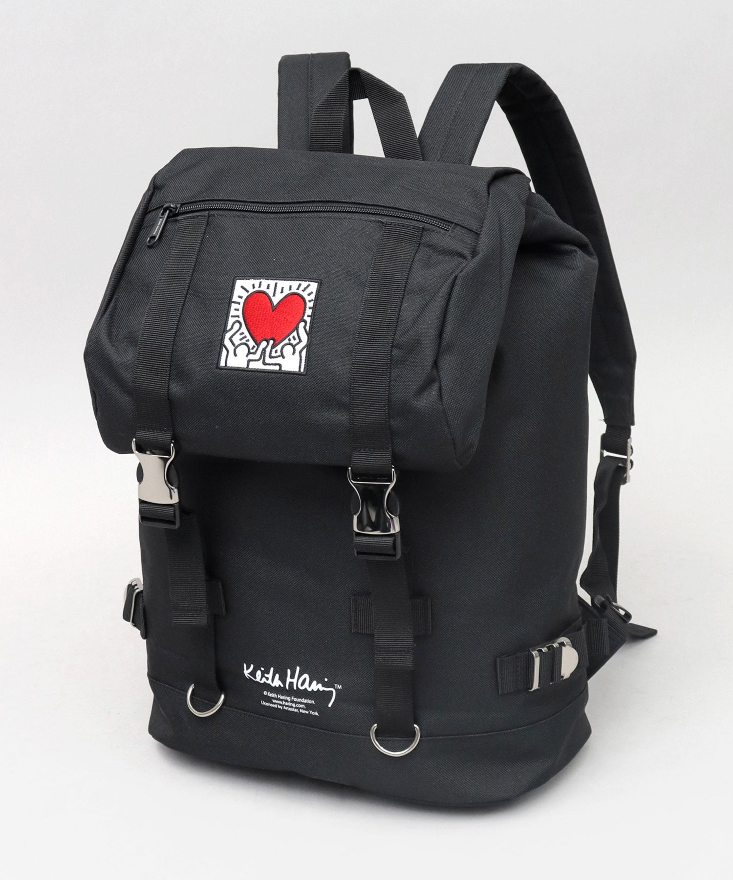 Keith Haring Heart Embroidery Metal Buckle Flap Top Backpack / Rucksack