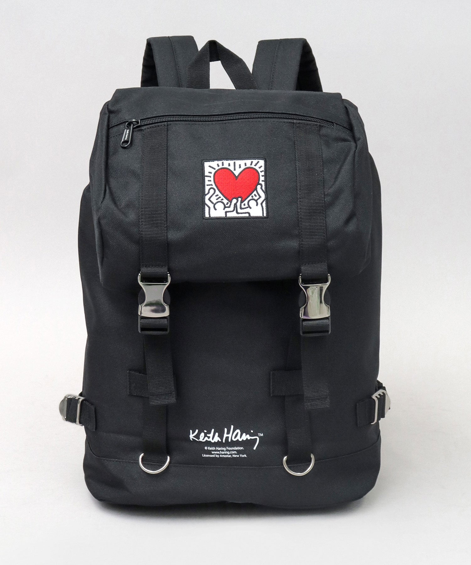 Keith Haring Heart Embroidery Metal Buckle Flap Top Backpack / Rucksack