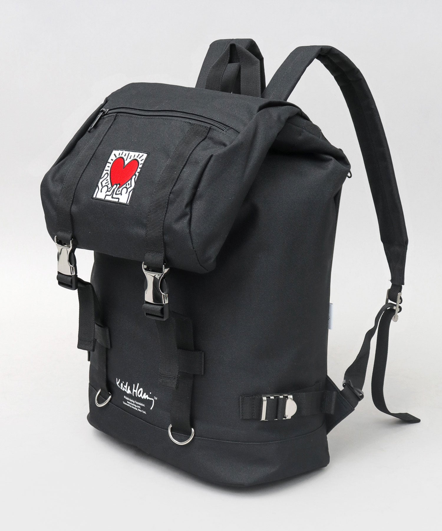 Keith Haring Heart Embroidery Metal Buckle Flap Top Backpack / Rucksack