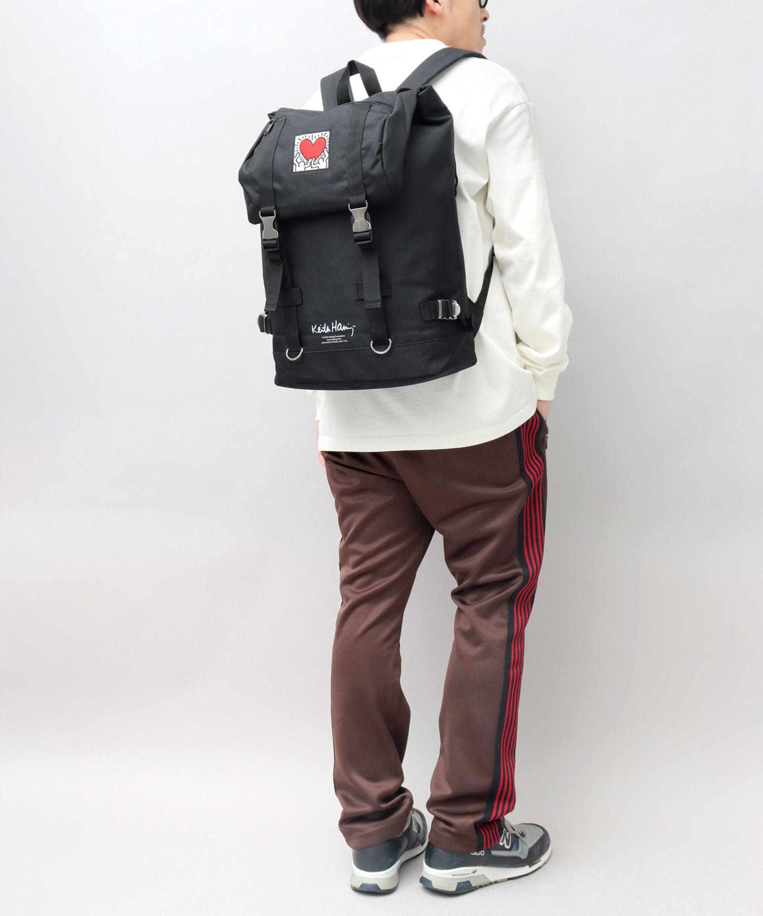 Keith Haring Heart Embroidery Metal Buckle Flap Top Backpack / Rucksack