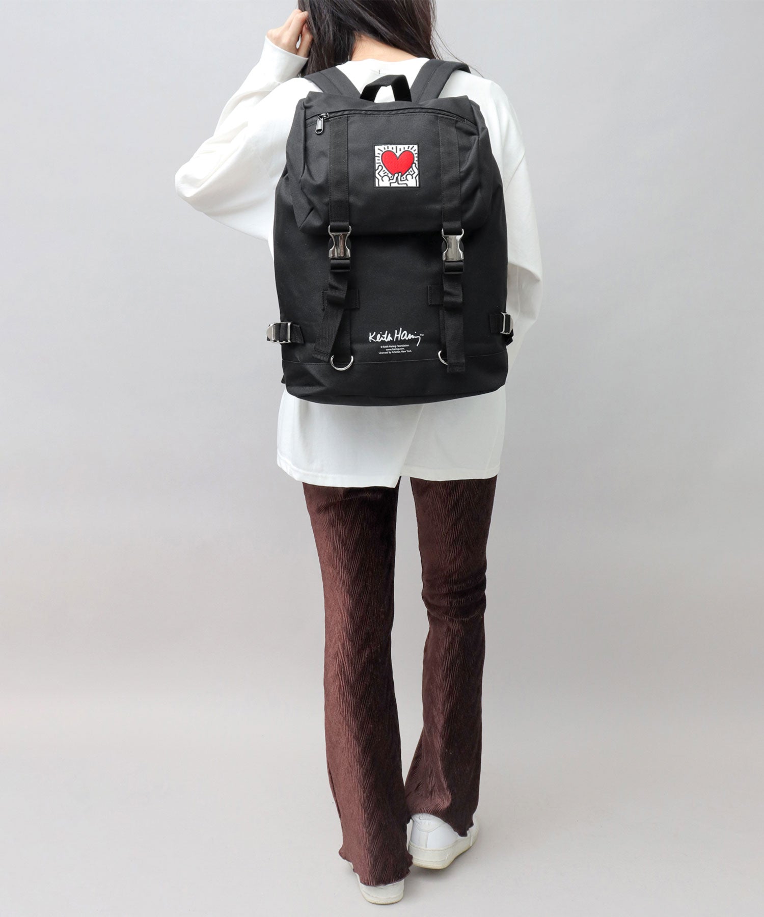 Keith Haring Heart Embroidery Metal Buckle Flap Top Backpack / Rucksack
