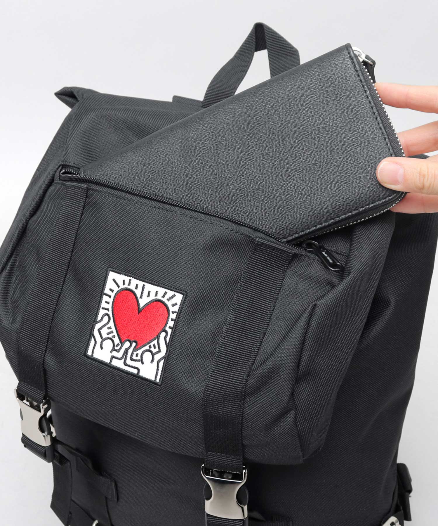 Keith Haring Heart Embroidery Metal Buckle Flap Top Backpack / Rucksack