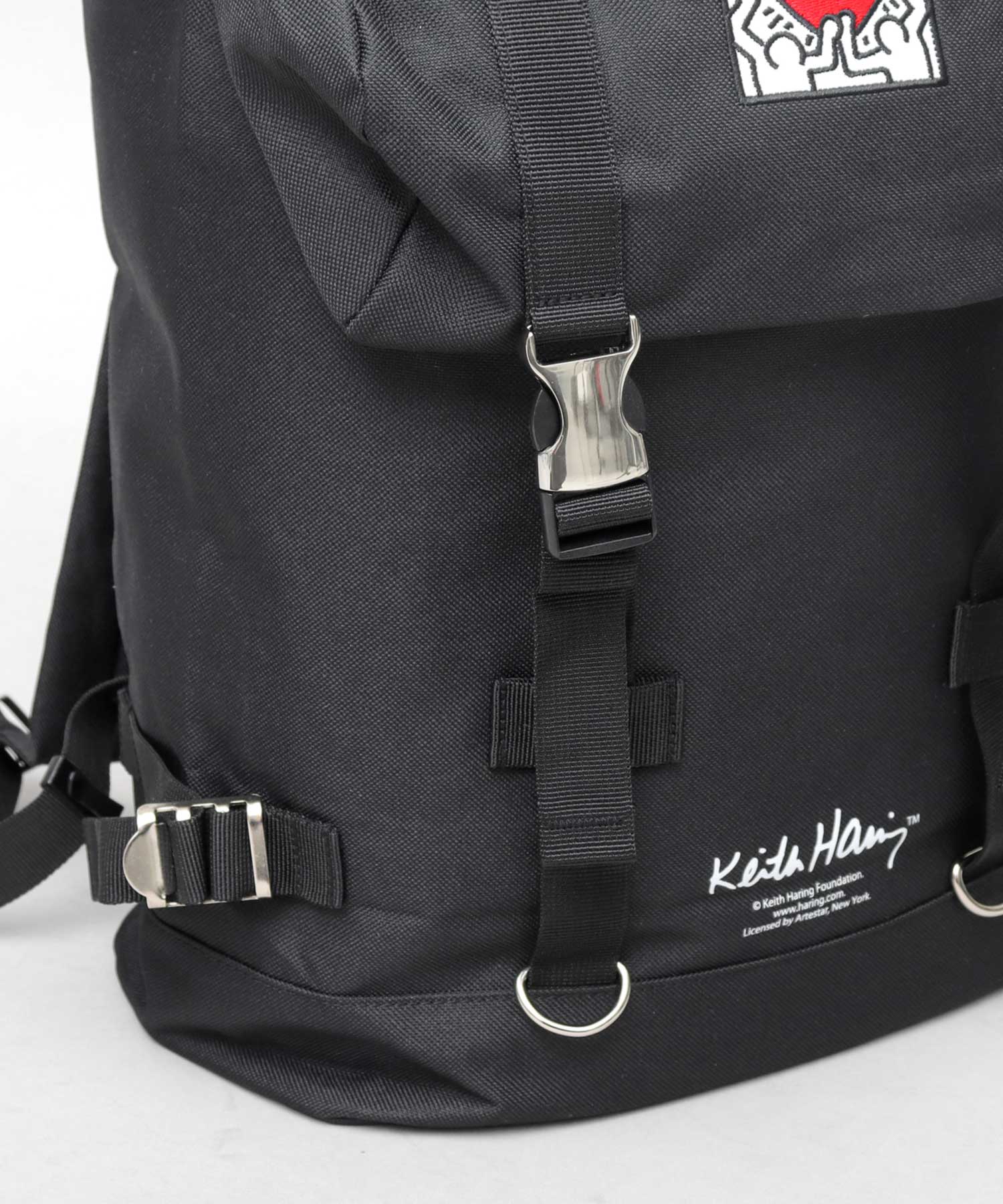 Keith Haring Heart Embroidery Metal Buckle Flap Top Backpack / Rucksack