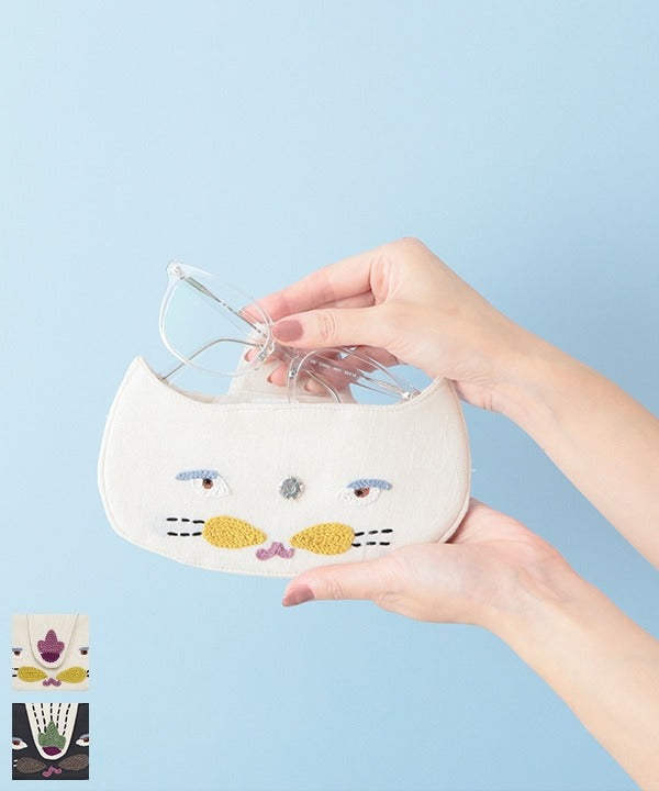 カンカン KANKAN ネコ刺繍メガネケース （ナチュラル） ナチュラル