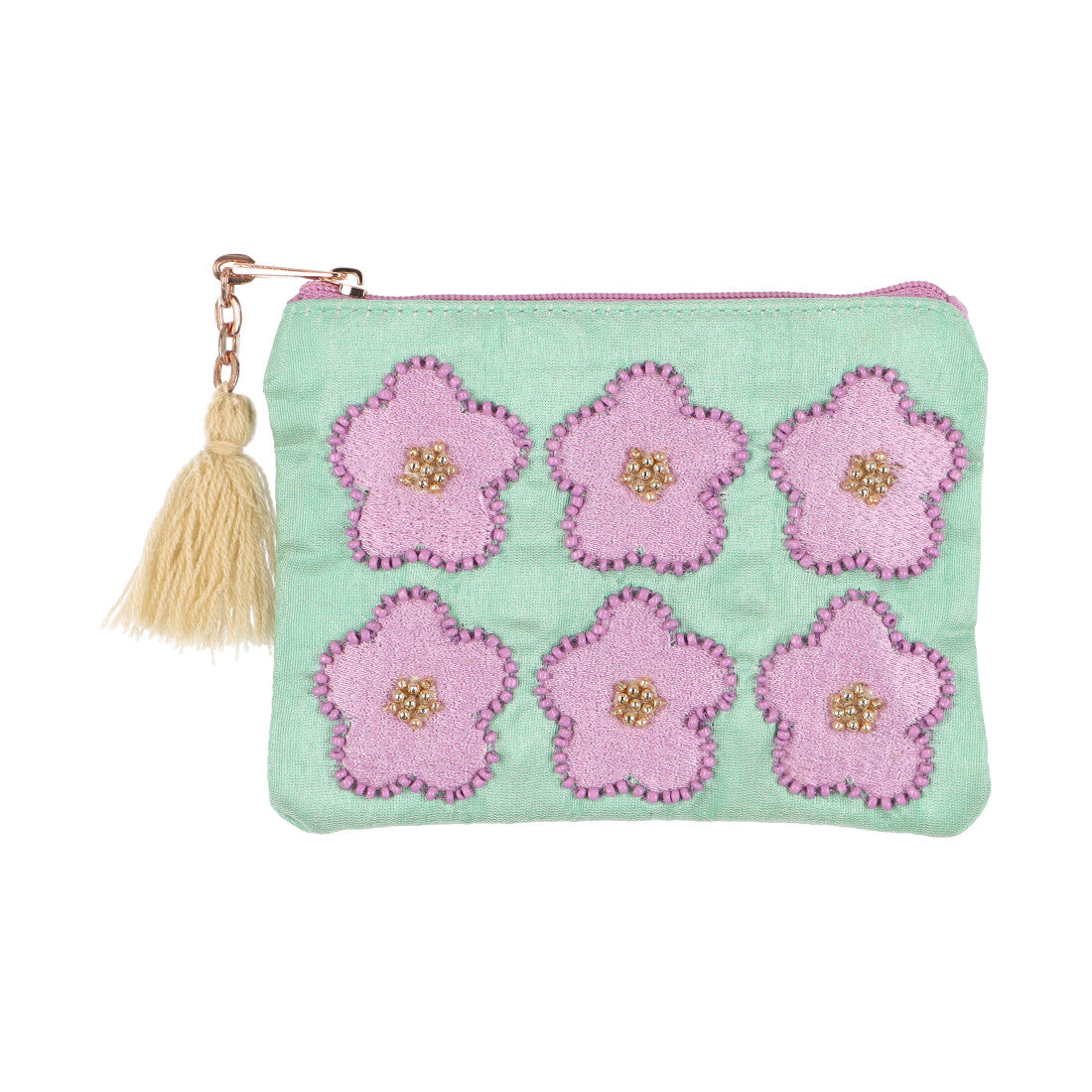 カンカン KANKAN フラワービーズ刺繍ポーチ,ミント