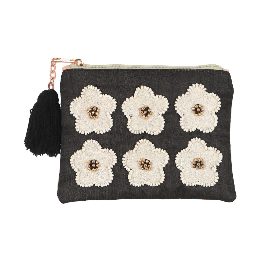 カンカン KANKAN フラワービーズ刺繍ポーチ,ブラック