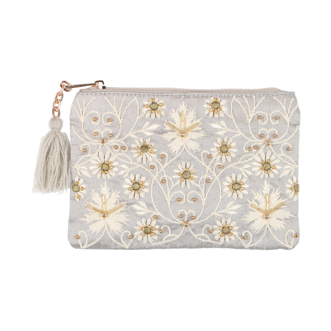 カンカン KANKAN ビーズ刺繍ポーチS,シルバー