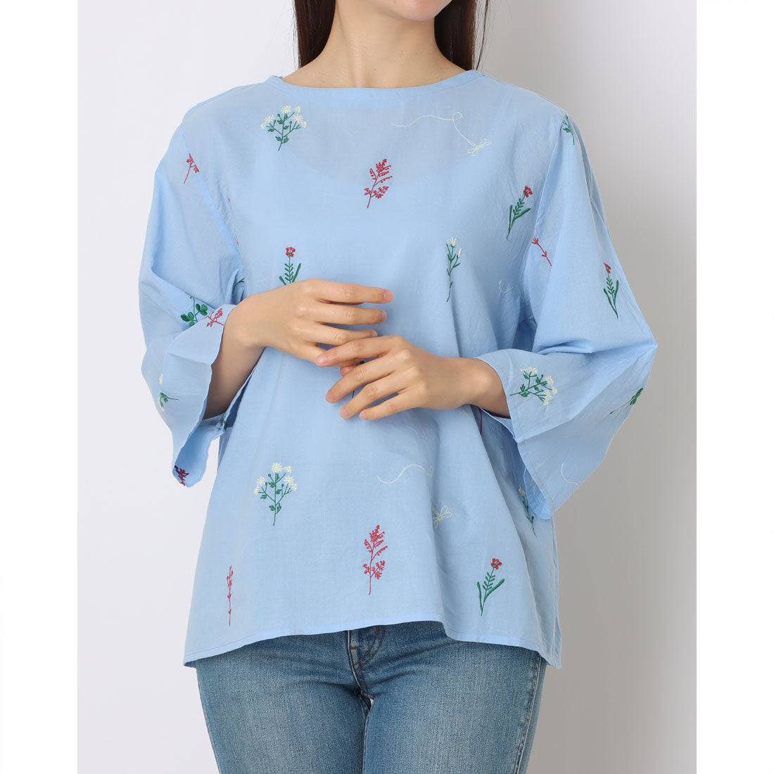 カンカン KANKAN 花トンボ刺繍コットンブラウス （ブルー） ブルー