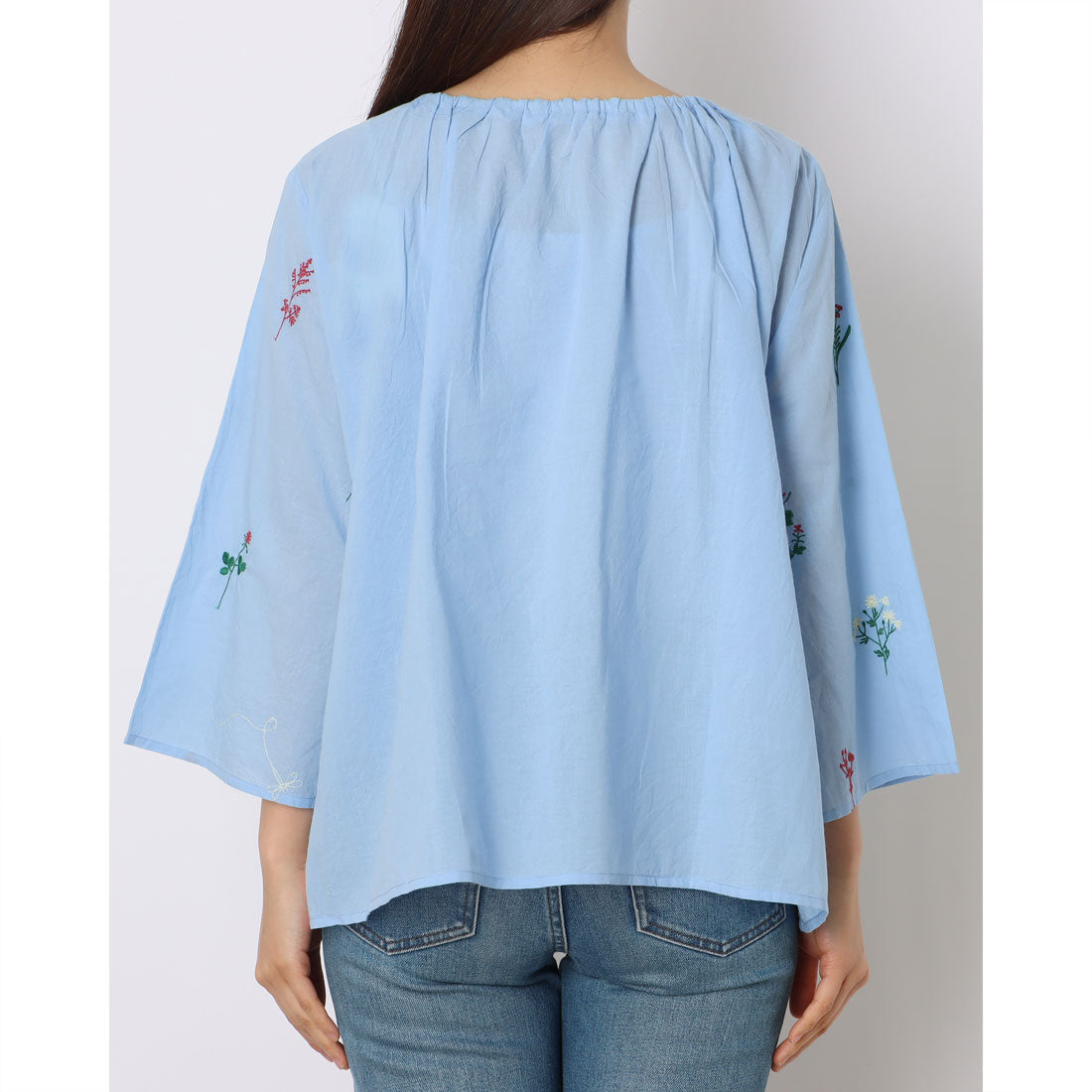 カンカン KANKAN 花トンボ刺繍コットンブラウス （ブルー） ブルー