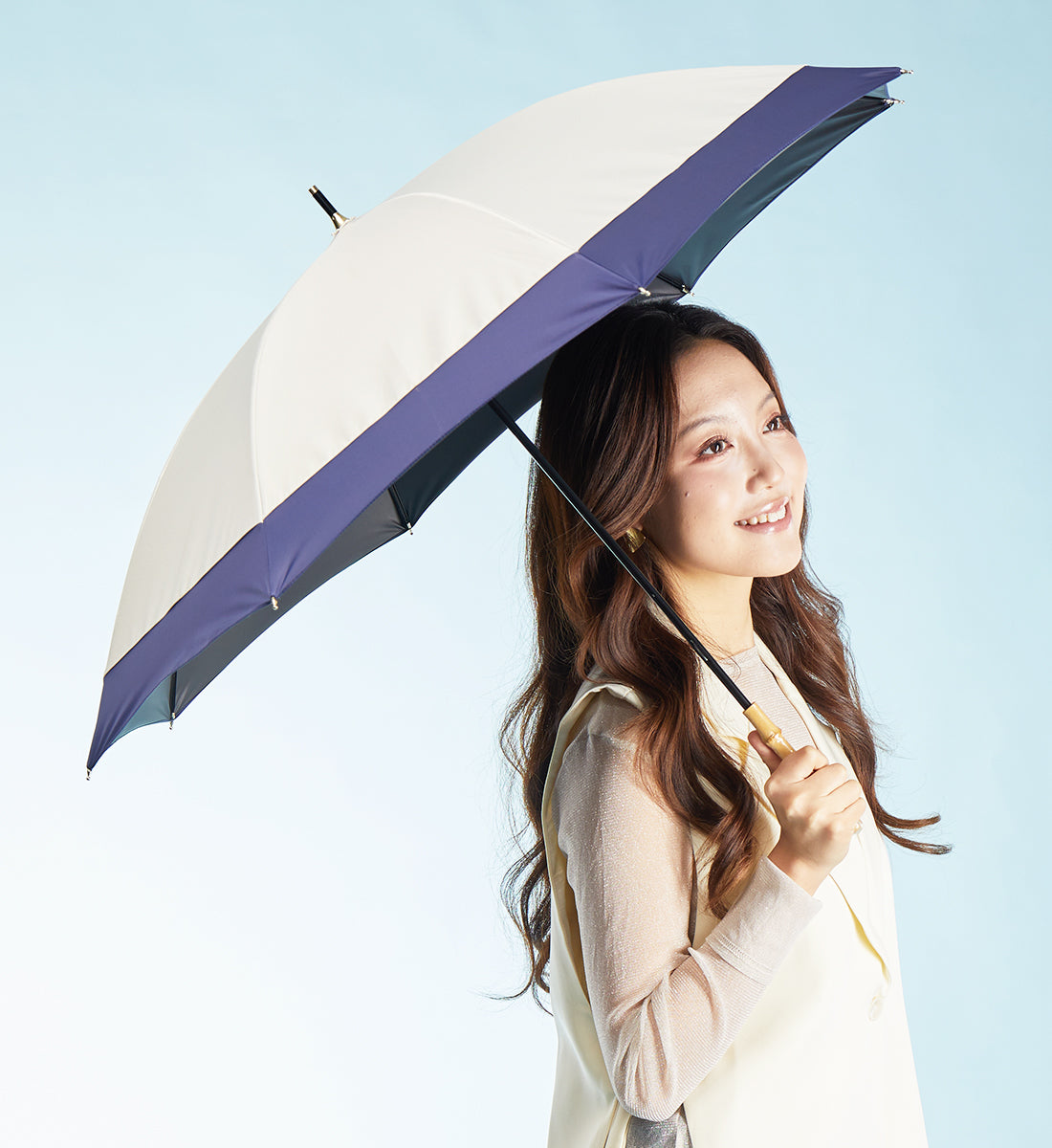 キザワ KIZAWA バンブー ショート丈 日傘 完全遮光 雨傘 晴雨兼用傘 50cm～ithm bicolor～ （オフ×ネイビー） オフ×ネイビー