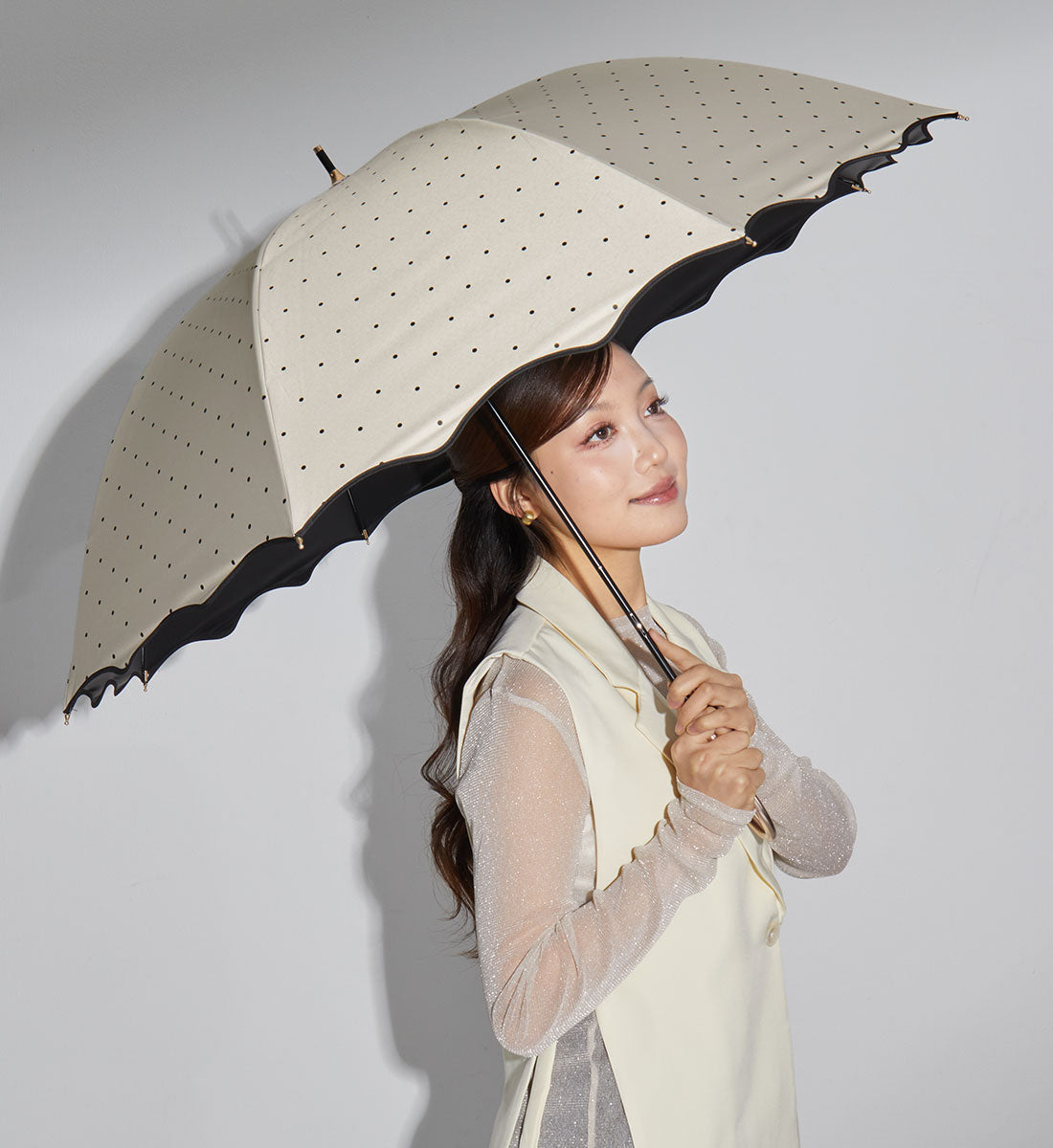 キザワ KIZAWA ドットプリント ショート丈 日傘 晴雨兼用 長傘 55cm 完全遮光～punt～ （グレージュ） グレージュ