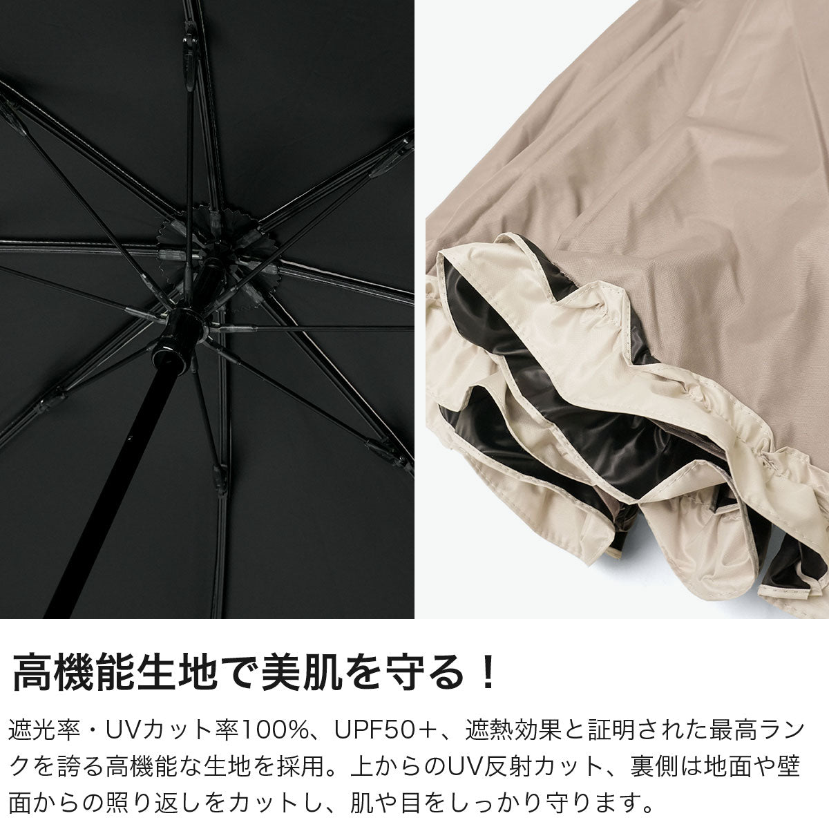 キザワ KIZAWA 折りたたみ傘 レディース 軽量 晴雨兼用 完全遮光 無地 2WAY 長傘 UPF50＋ 撥水 8本骨 nino single frill 2段式 折りたたみ日傘 25019-031 （ピンク×ブラック） ピンク×ブラック