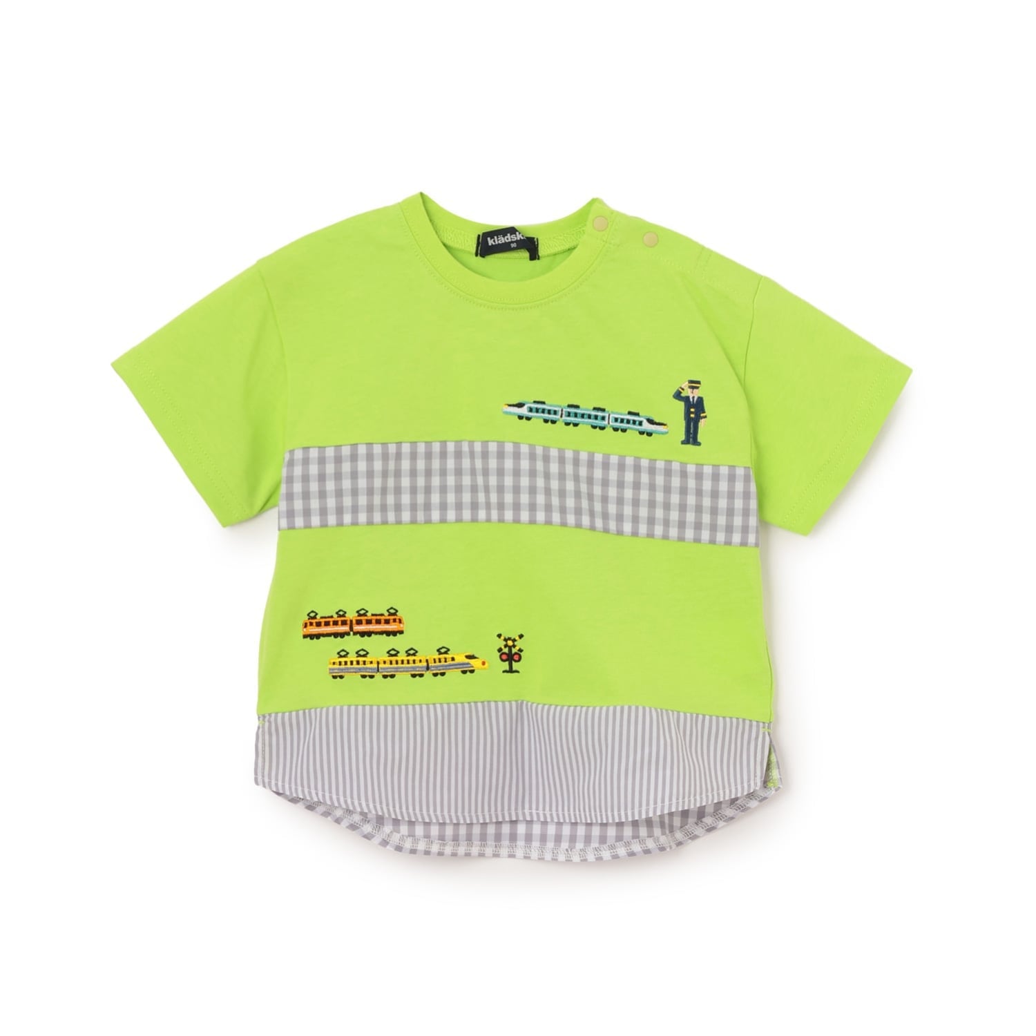 クレードスコープ kladskap 電車刺しゅう切替半袖Tシャツ （イエロー グリーン） イエロー グリーン