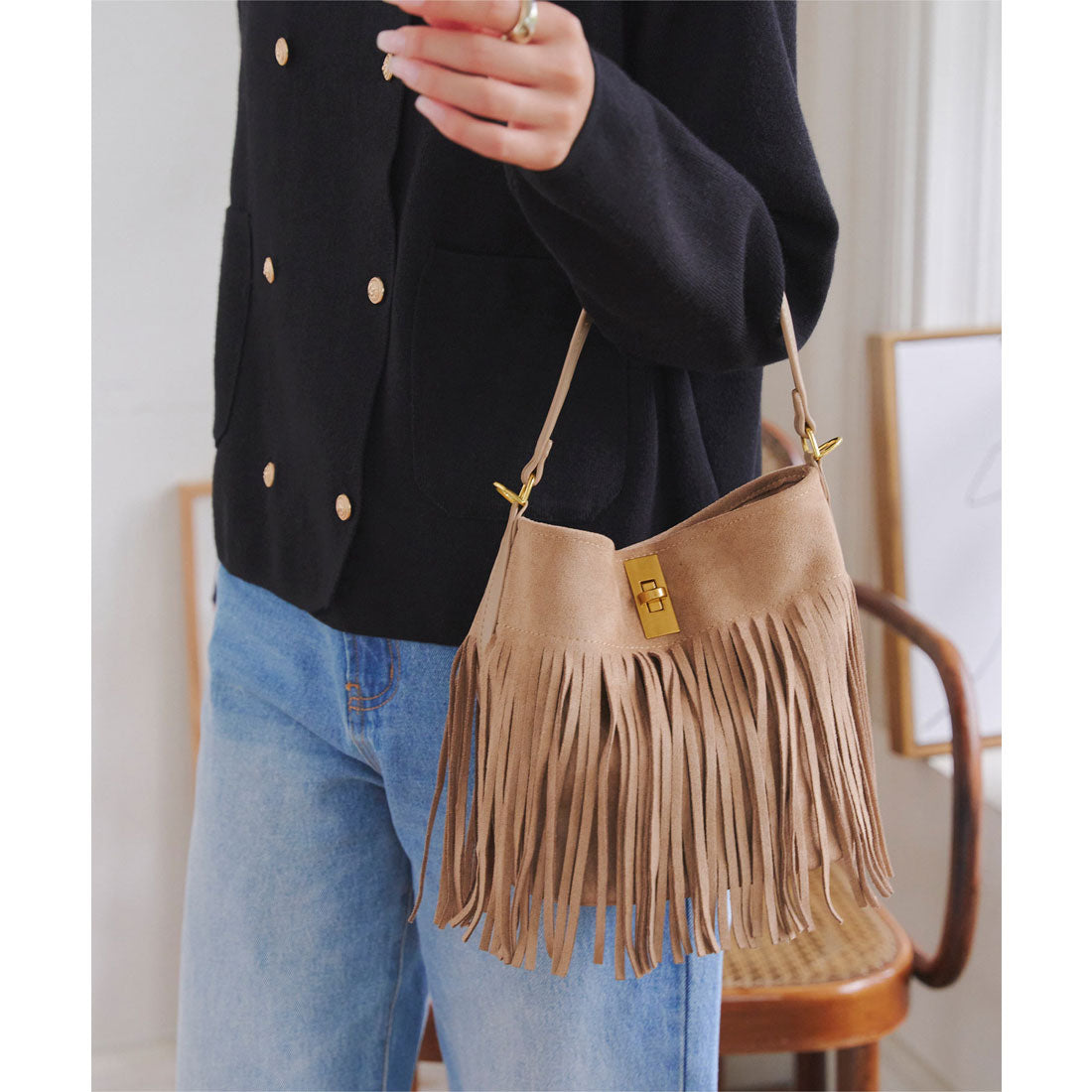 コウベレタス KOBE LETTUCE ポーチ付きフリンジデザインスエードバッグ [B1646] （ベージュ） ベージュ