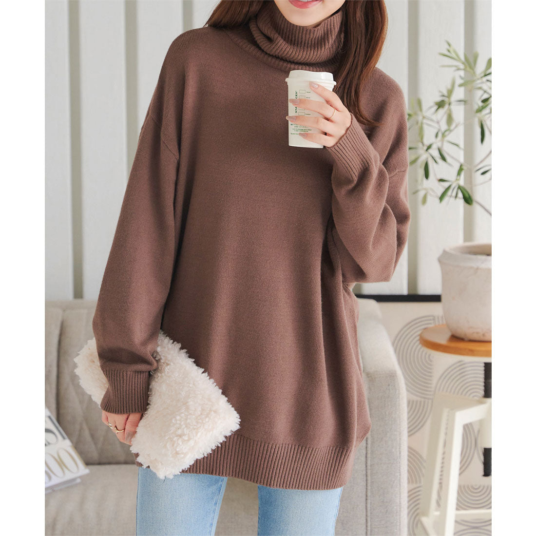 コウベレタス KOBE LETTUCE ボートネックorタートルネックもっちりニットチュニック【タートルネック】 [C7193]